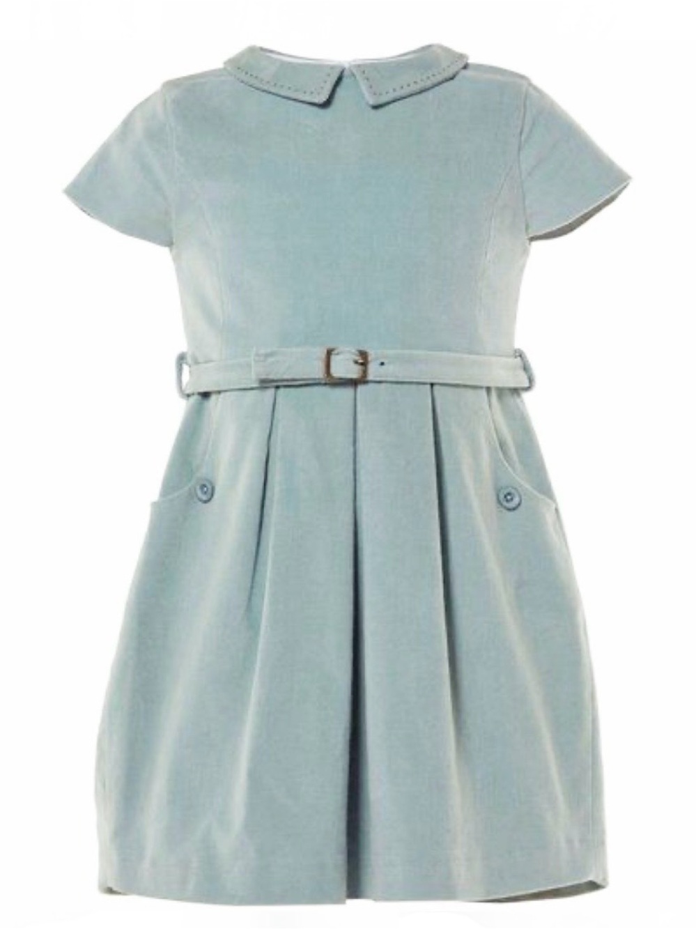 Marie Chantal Girls Peter Pan Collar Belted Corduroy Pleated Dress,Sage Green,8Y